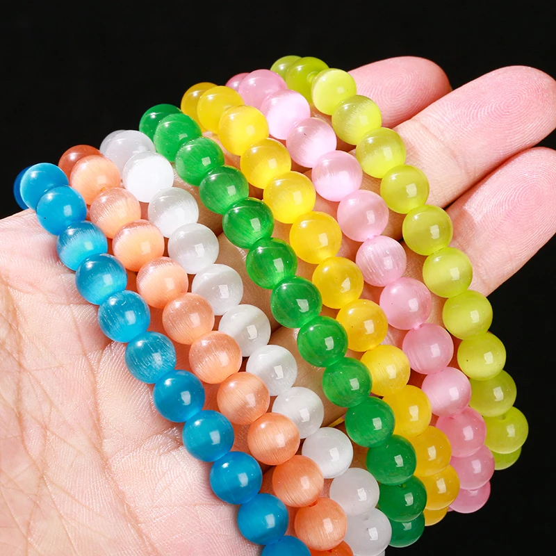 JD 8mm Synthetic Cat Eye Glass Beaded Bracelet Polished Round Beads Elastic Stretch Bangle Fashion Jewelry for Women Men