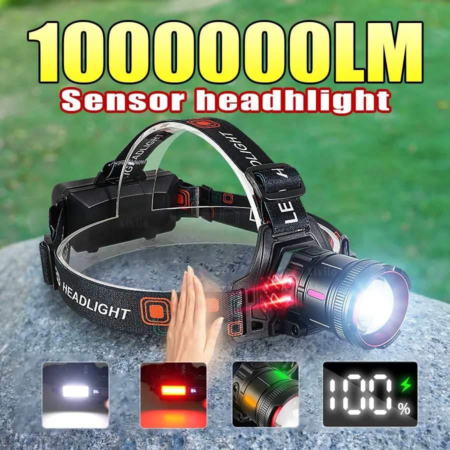 

1000000LM ИК-сенсор светодиодный налобный фонарь высокой мощности водонепроницаемый передний светодиодный фонарь дальнего действия 2000 м фонарь для рыбалки и кемпинга