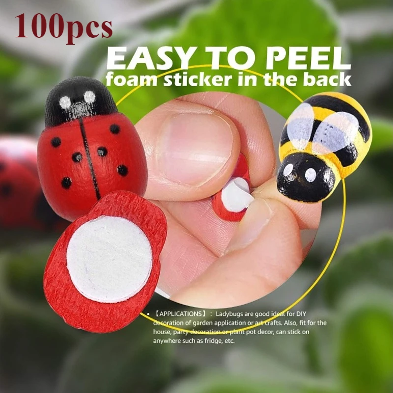 100Pcs Mini Wooden Bee Ladybug Self-adhesive Sticker Garden Figurine Miniature Children Painted DIY Craft Animal Home Decoration