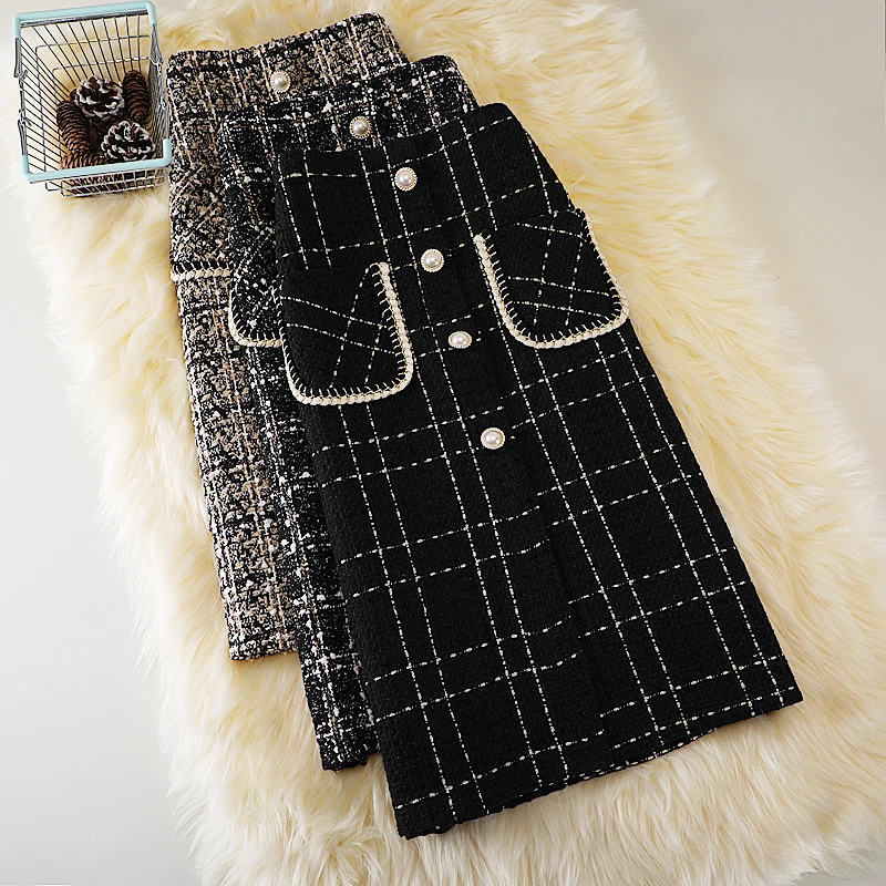 New High Waist Tweed Long Skirt for Female Celebrities, Elegant A-line Bag Buttocks, Fashionable Split Horn Skirt, Spring 2023