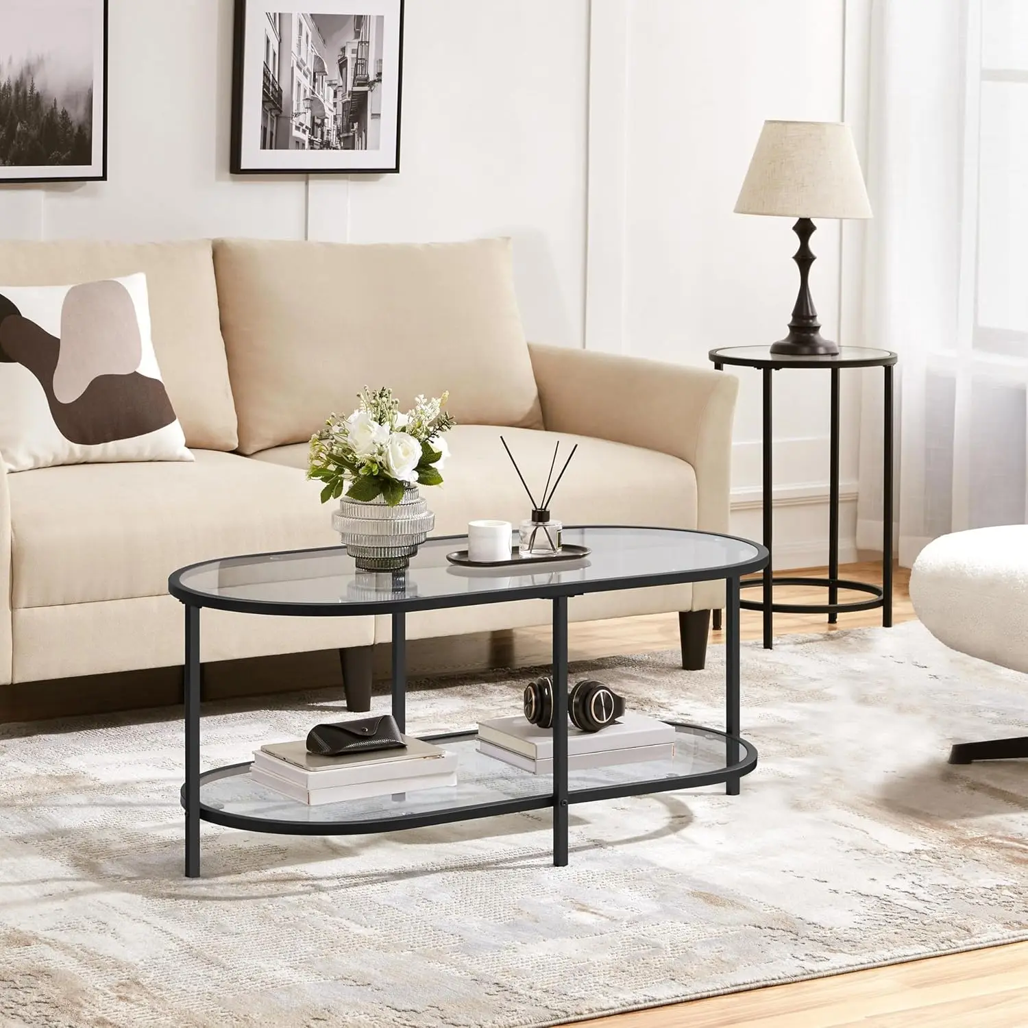 Glass Coffee Table Black Small Coffee Table for Living Room 2-Tier Modern Center Tea Table with Storage Shelf for Small Space