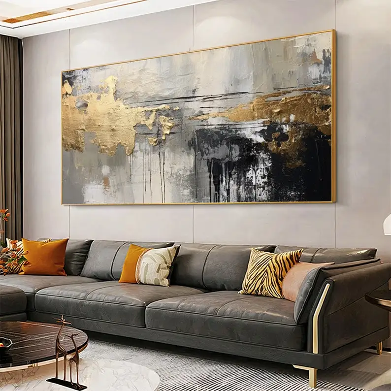 

Hnad- Painted Modern Abstract Gold Oil Paintings Unframed Black & White Line Art Oil Artworks for Living Room & Office Decortion