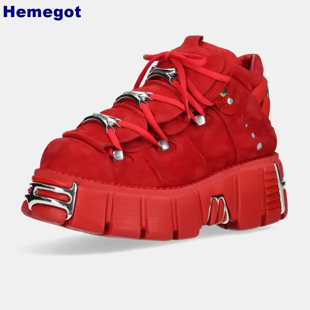 Zapatos Deportivos informales con remaches de Metal rojo para mujer, botas deportivas con cordones a la moda, botines de plataforma redondos Rock Punk Street, 2024