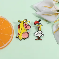 2pcs Cartoon Manga Enamel Pins Custom Cute Rooster Cow Brooches Lapel Badges Animal Jewelry Gift for Kids Friends