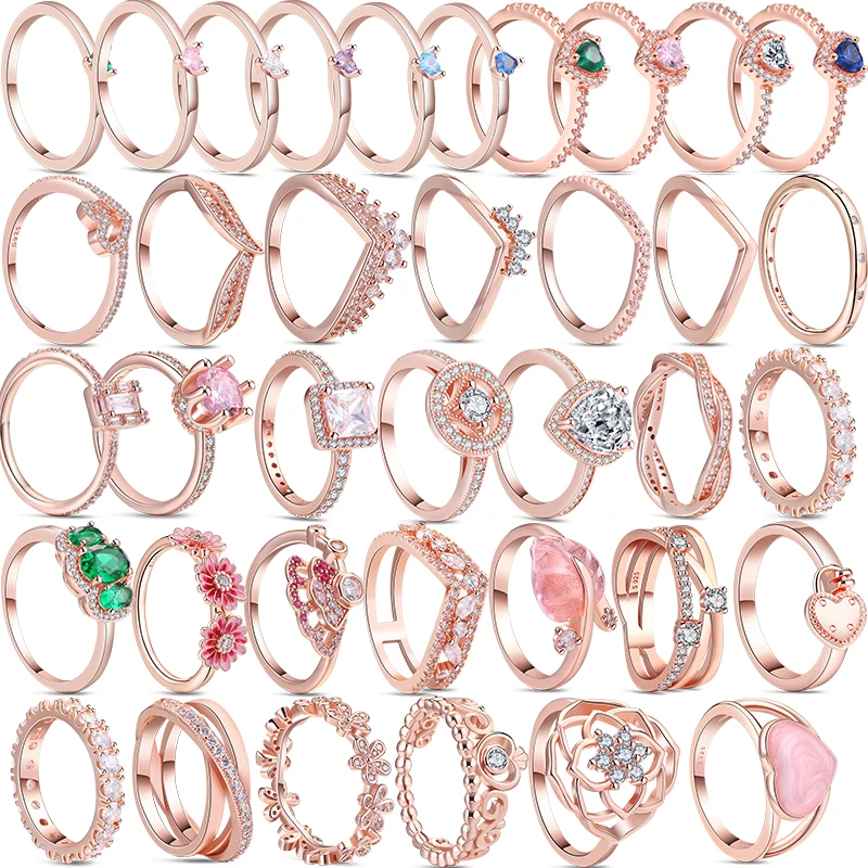 Anillos de plata de ley 925 auténtica para mujer, corazón colorido, flor rosa, corona, Margarita, oro rosa brillante, Pantaro, joyería de aniversario