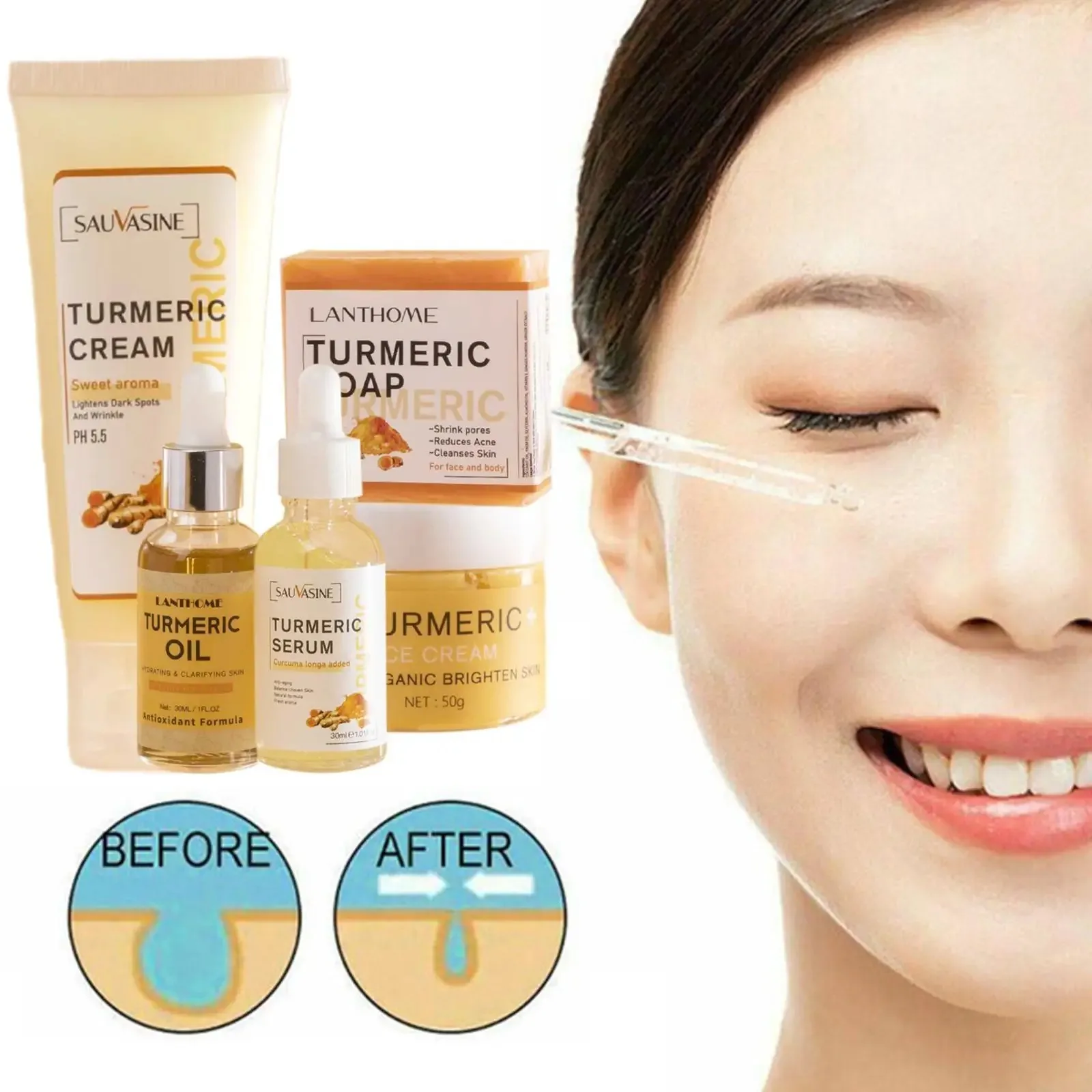 

Turmeric Face Care Sets Turmeric Facial Acne Cleansing Cream Fade Dark Spots Turmeric Serum Anti-Aging Skin Moisturizing 5pcs