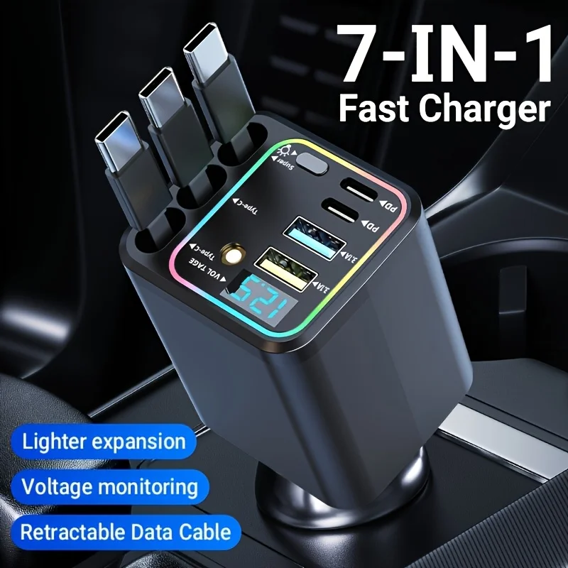 140w 7in1 Fast Car Charger Adapter With Retractable Type-c Cables,led Display,ambient Light Multi-port Usb Charging 180 JJ2234