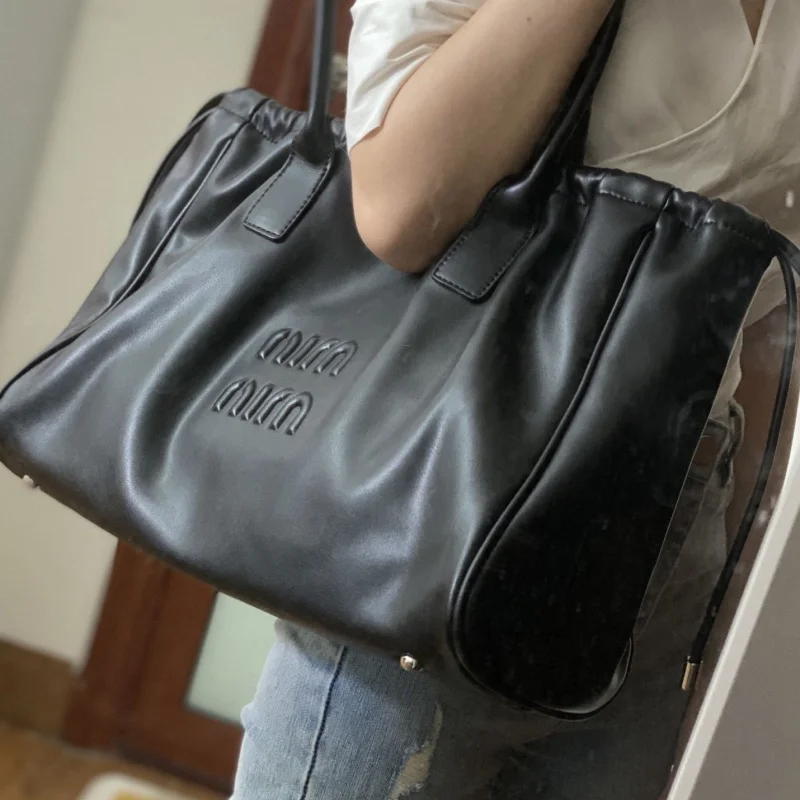 Vintage Women\'s Black Tote Bag Shopper Large Capacity Fashion Drawstring Handbags PU Waterproof Solid Shoulder Bags for Women