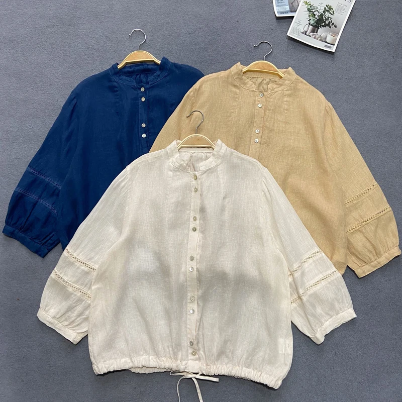 Johnature Spring Autumn 2024 New Women Japanese Vintage Short Lace-Linen Shirts Casual Stand Collar Loose All Match Female Tops