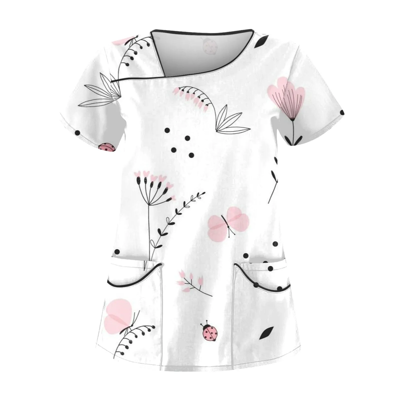 Slanted Collar Pocket Care Workwear T-Shirt Tops Clinic Working Clothing Short Sleeve Scrub Print Nurse Uniform for Lady