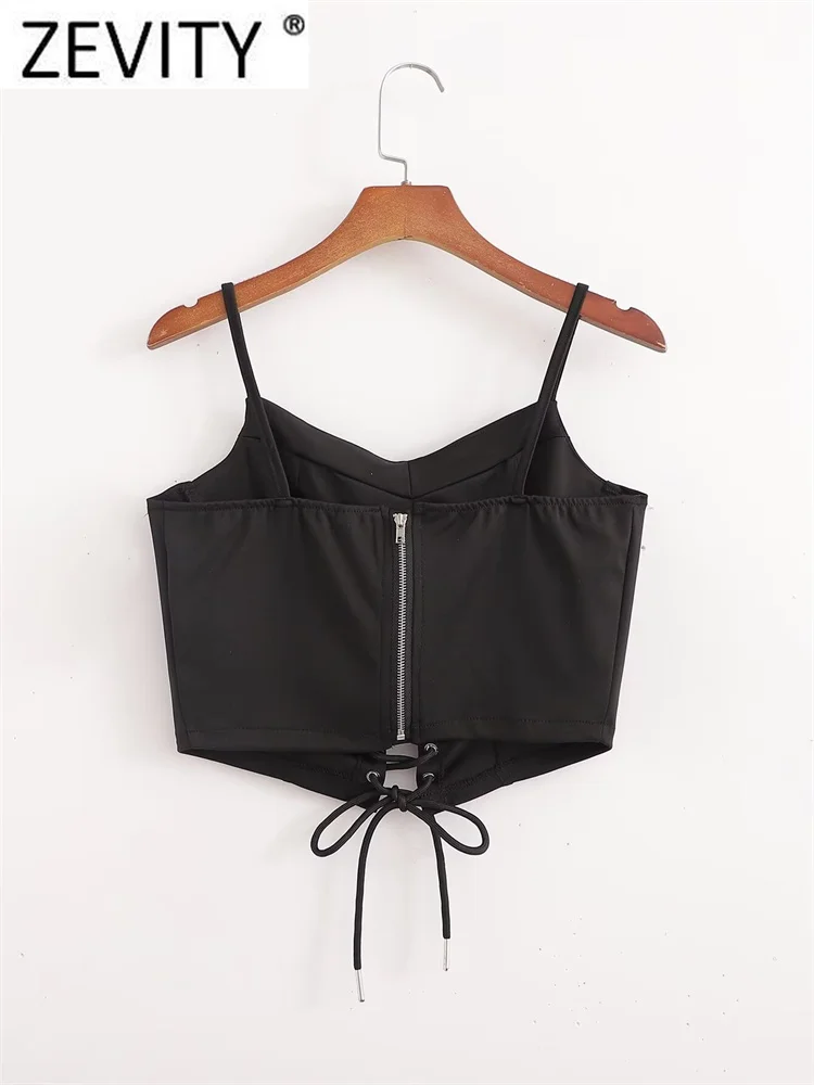 Zevity 2024 Women Chic Bandage Lace Up Knitting Sling Camis Tank Lady Back Zipper Short Strap Crop Shirt Blouse Tops LS7306