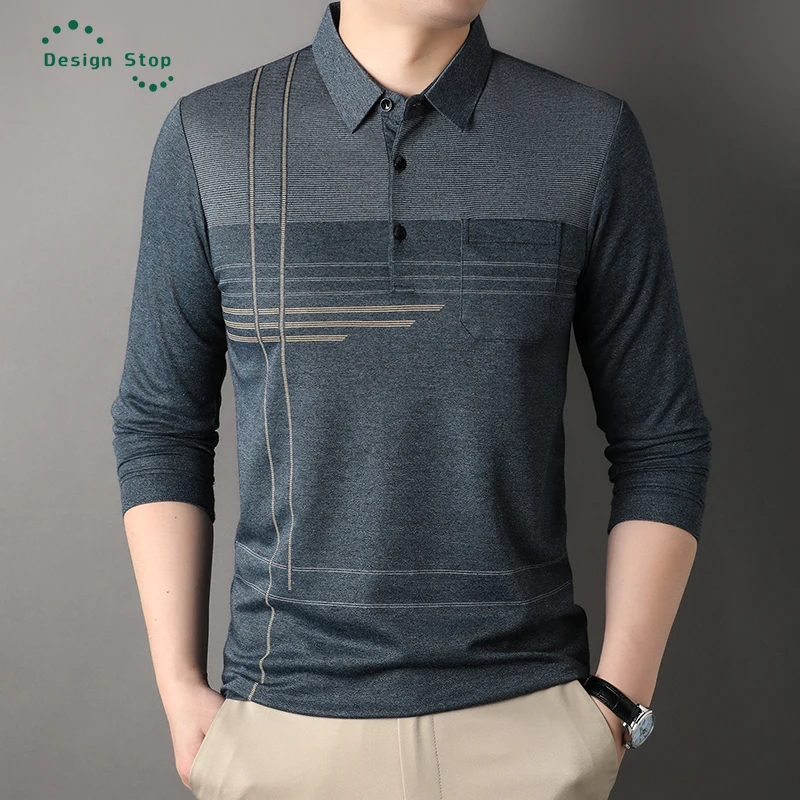 

New Fashion Men's Business Striped Polo Shirts Solid Color Casual Long Sleeve Collar Tee Tops