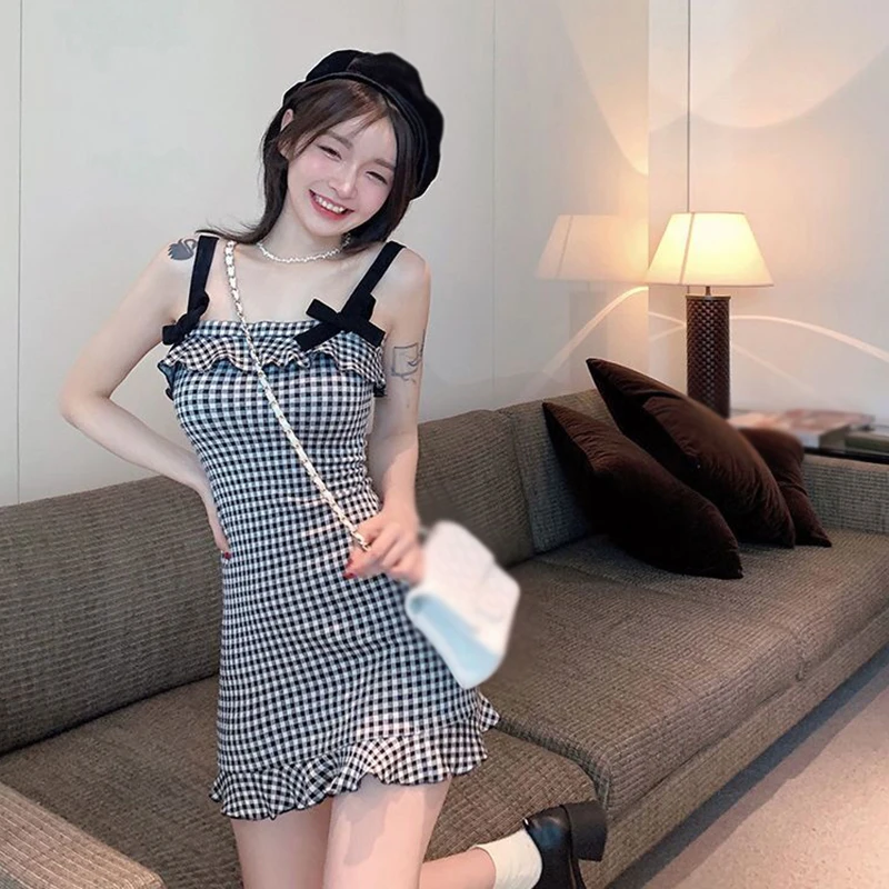 Korean Dress Suspender Dress Sexy Sweet Bow Hanging Strap Checkered Short Dress for Women Party Dress Summer