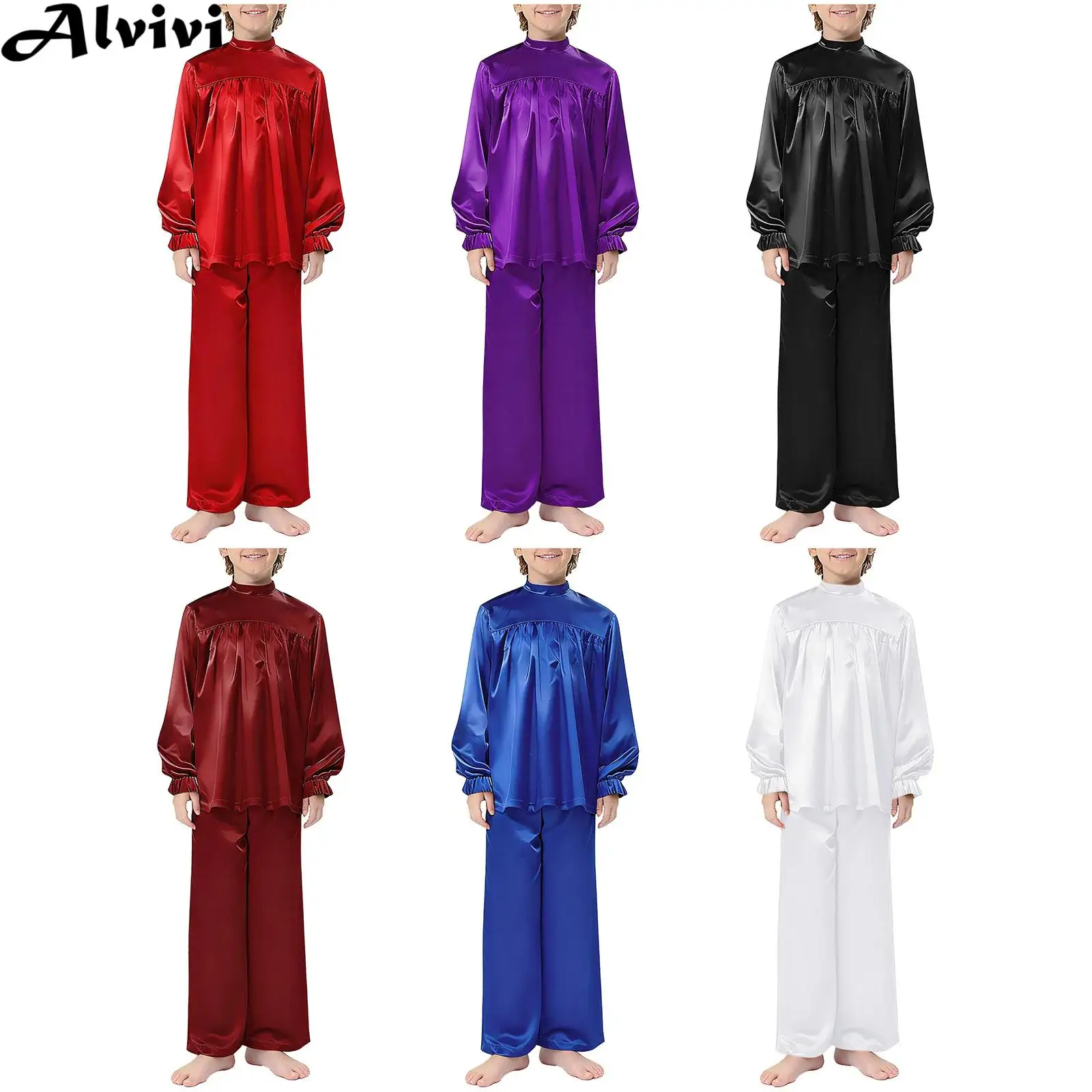 

Kids Boy Girl Choir Worship Liturgical Praise Dance Outfit Halloween Carnival Pastor Priest Costume Zipper Satin Top with Pants