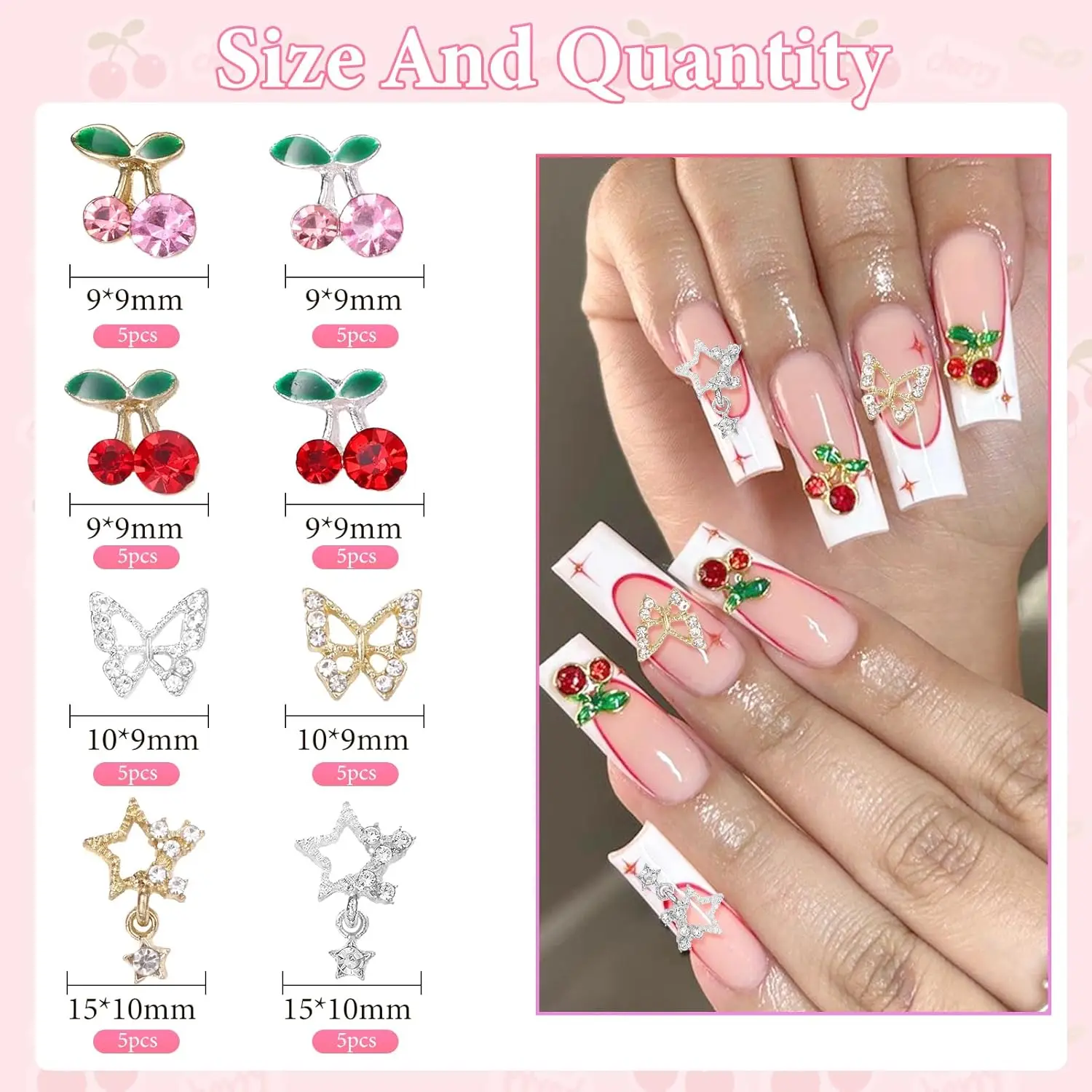 40 Pcs Alloy Nail Gems Charms, Silver Gold 3D Butterfly Dangle Star Nail Rhinestones Charms Pink Red Cherry Shiny Diamond Nail