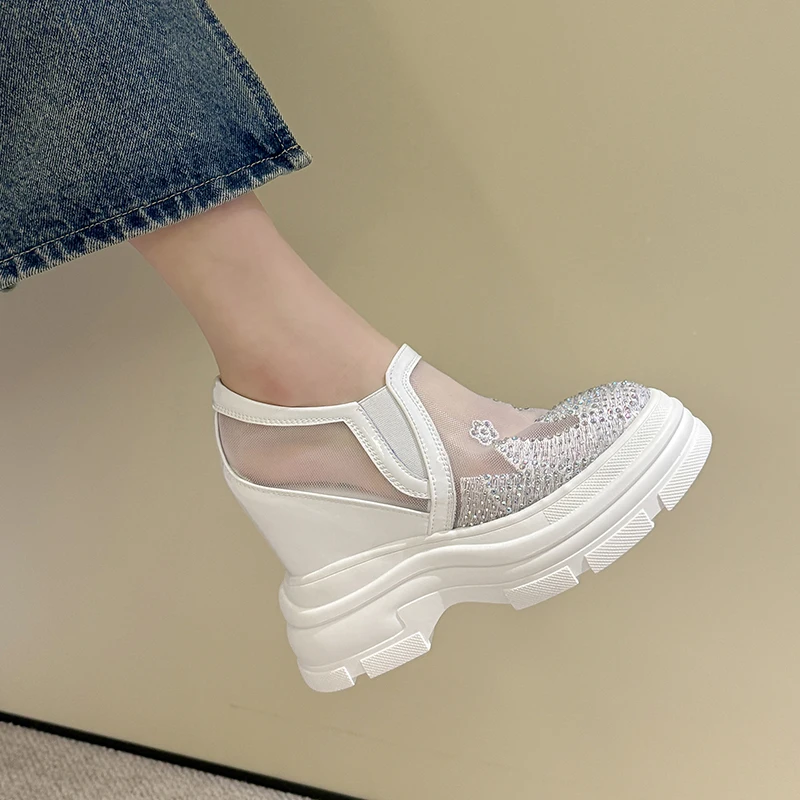 Krazing Pot Breathable Mesh Crystal Increase Wedges Super High Summer Shoes Slip On Loafers Casual Comfort Platform Women Pumps