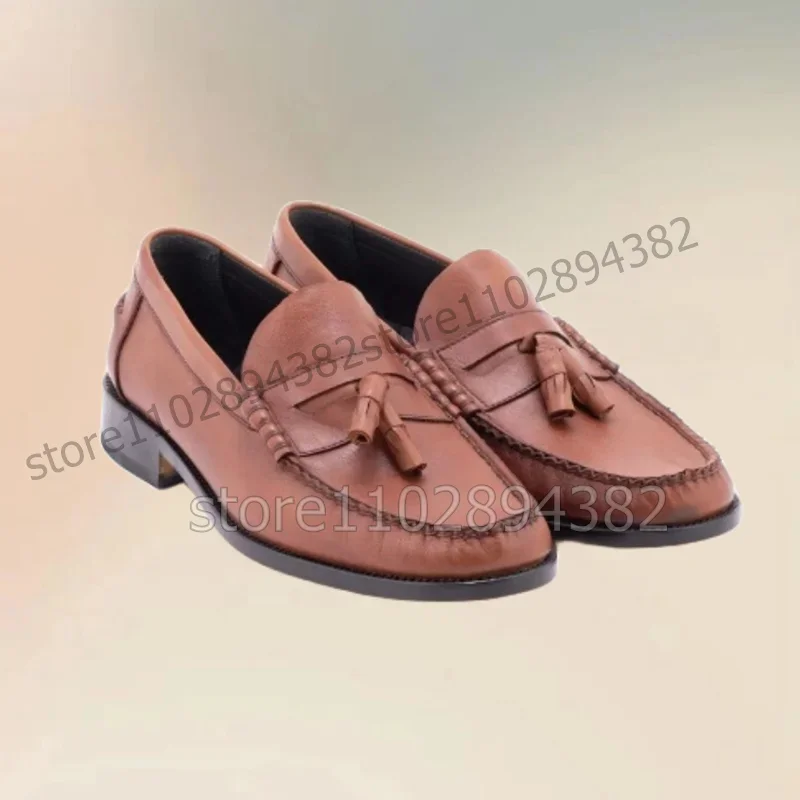 

Brown Sewing Pleated Design Tassels Decor Loafers Fashion Slip On Men Shoes Luxury Handmade Party Feast Banquet Men Casual Shoes