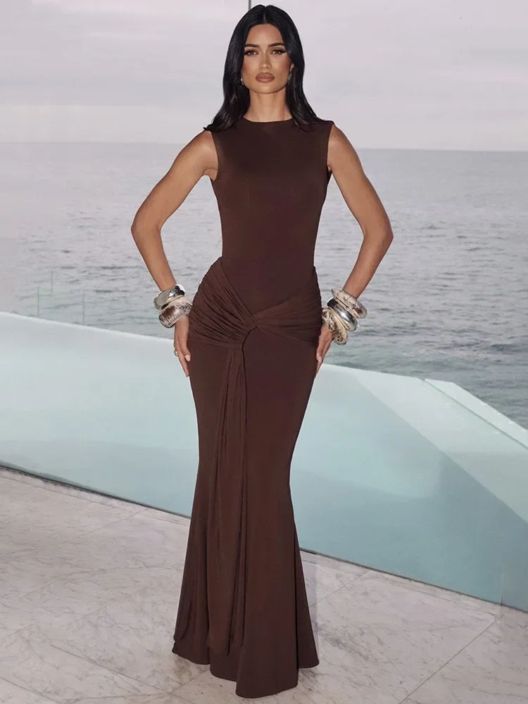 Chaxiaoa Abito lungo sexy con volant drappeggiato senza schienale Abito da donna Elegante scollo a O senza maniche a vita alta Skinny Club Party Abiti lunghi