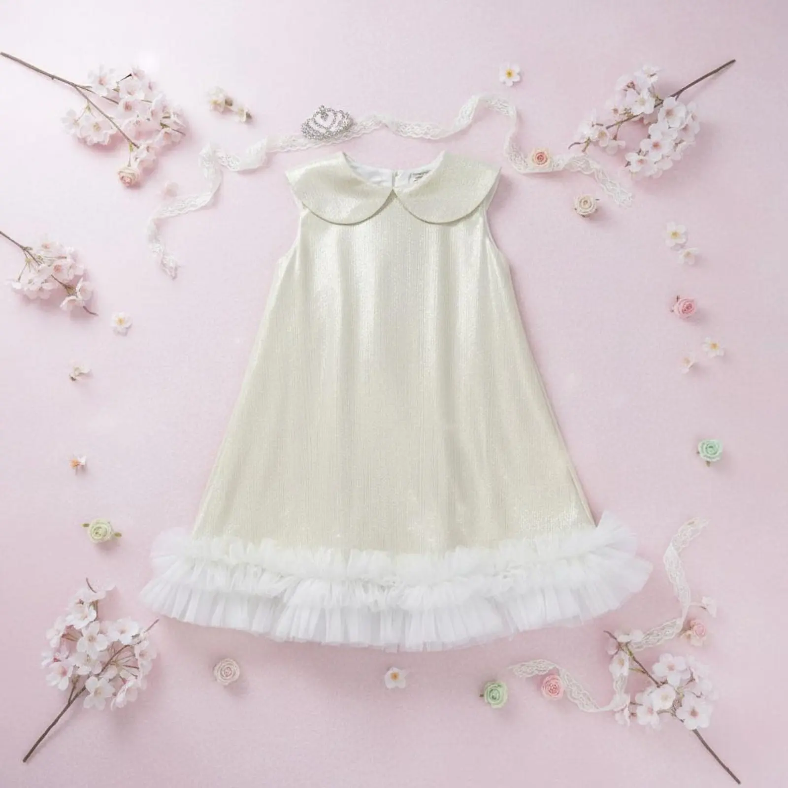 Sleeveless Peter Pan Collar Dress Lightweight Shimmery Doll Collar Dress Girl Frock Breathable for Wedding