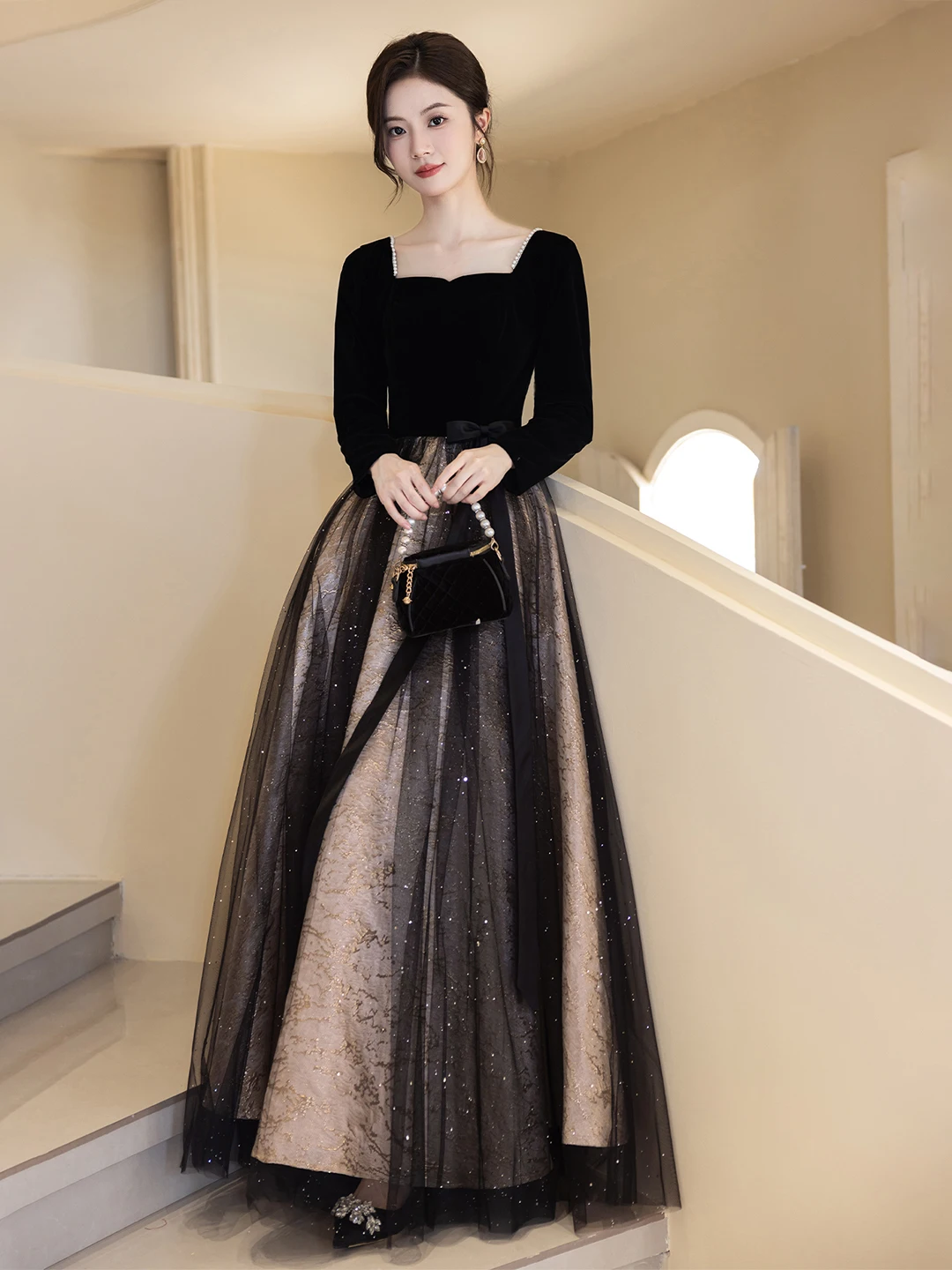 

Elegant Black Evening Gown Women's High-End Sensation Adult Ceremony Luxury Performance Long Sleeve Dress for Party Host