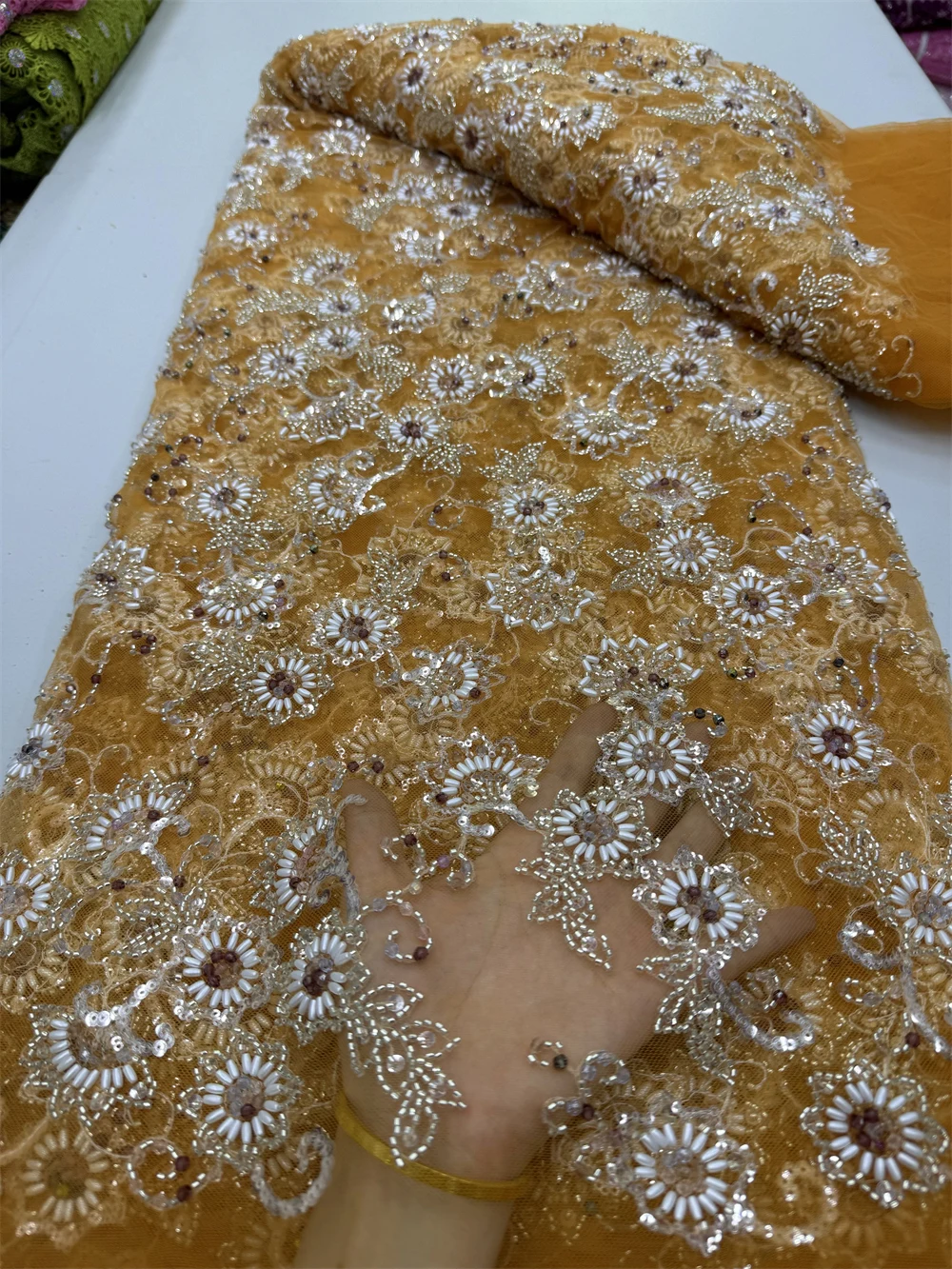 High Quality 2024 African Nigeria Sequins Tulle Lace Fabric Embroidery Wedding Party Guipure Dress Beads Stone 5Yards jy389