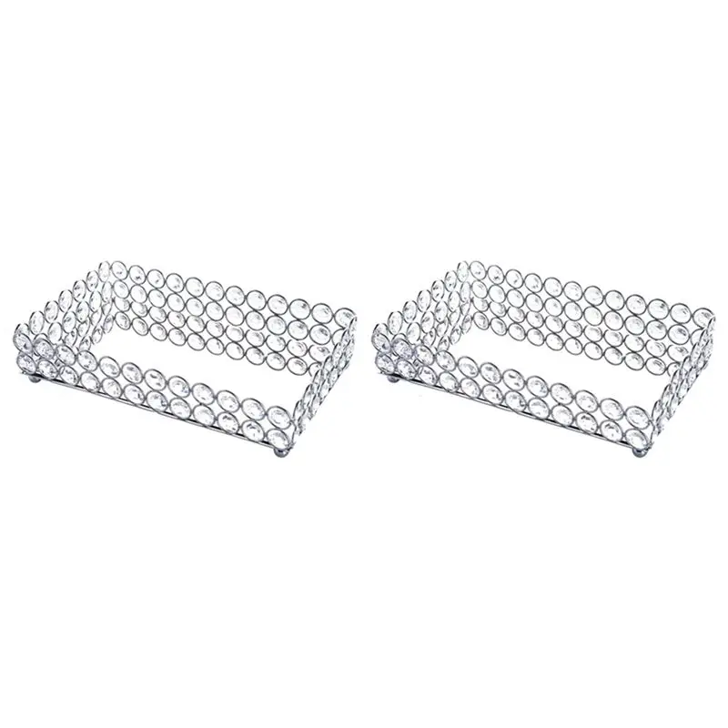 A01F-2X Crystal Rectangle Cosmetic Tray Jewelry Trinket Organizer Mirror Decorative Tray Perfume Skin Care Organizer(Silver)