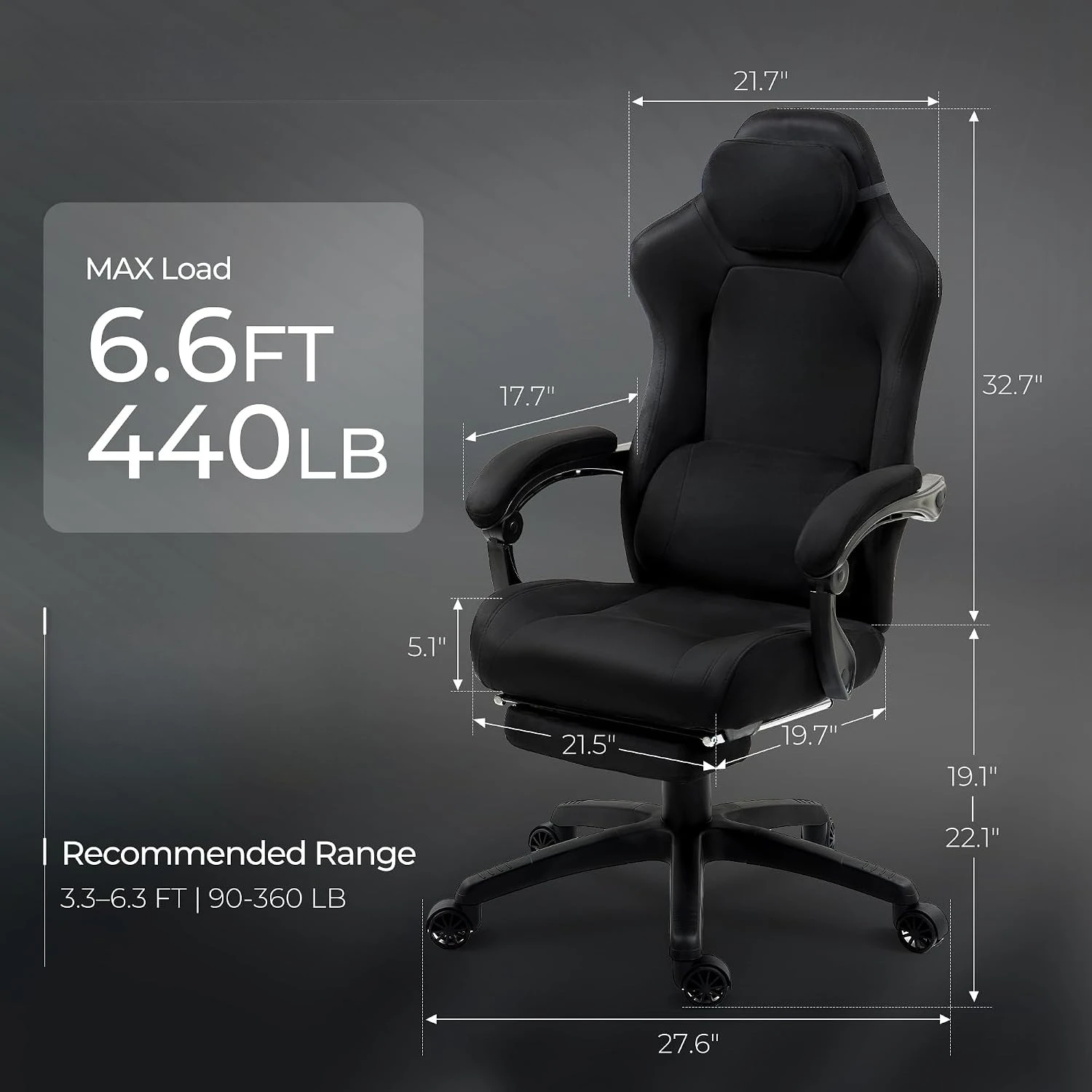 Gaming Chair Big and Tall, Suede Fabric with Pocket Spring Cushion, High Back Ergonomic with Footrest Black view 3