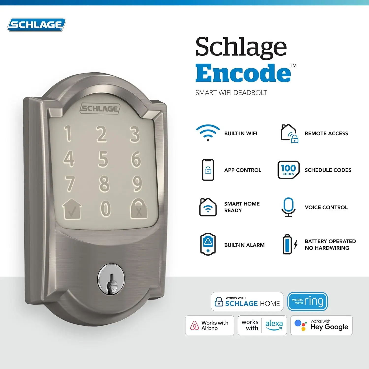 Encode Smart Wi-Fi Deadbolt with Camelot Trim in Satin Nickel