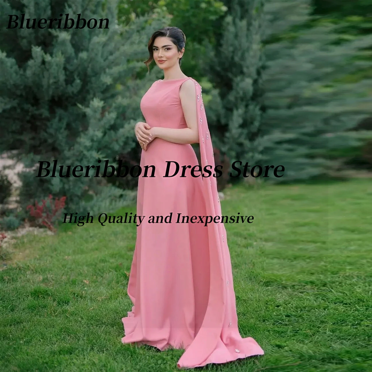 Blueribbon Garden Party Bespoke Dresses for Weddings O-Neck Crystals Long Shawls Prom Dress Zipper Back Evening Gowns