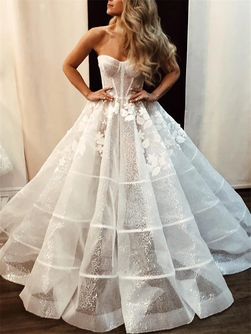 Haute Couture White Tulle Appliques Strapless Pleat Bride Dress Sleeveless Floor-Length A-LINE Sequin Sweep Train Wedding Dress