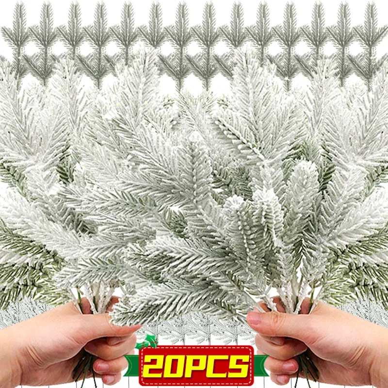 1/20PCS คริสต์มาสประดิษฐ์เข็มสาขา Snow Pine พืชปลอม DIY Xmas Tree พวงหรีดเครื่องประดับ Xmas ใหม่ปีของขวัญ