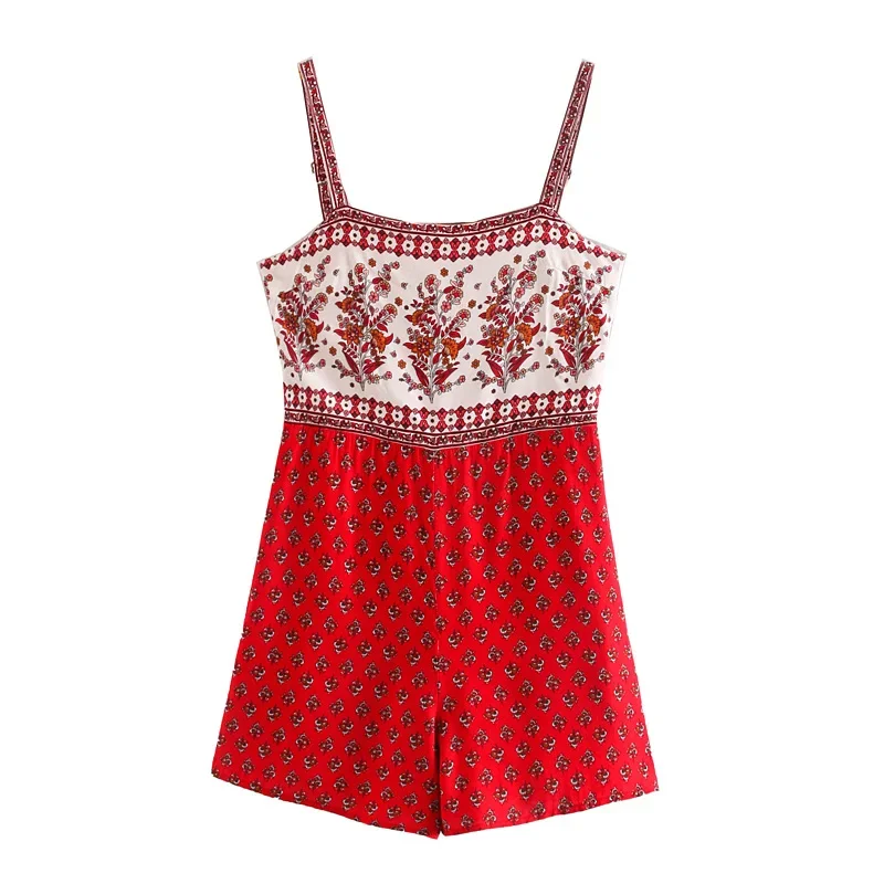 TEELYNN Boho Jumpsuit Red Floral Print Women Playsuit Sleeveless Straps Summer Romper Beach Bohemian Clothing Casual Rompers