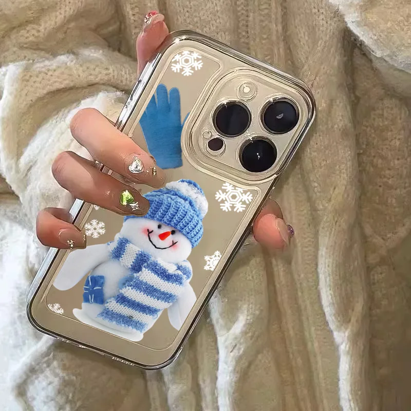 

Ins Style Christmas Scarf Snowman Blue Glove Phone Case For iPhone 16 15 14 13 12 11 Pro XS Max XR 7 8 Plus Mini SE2 Clear Cover