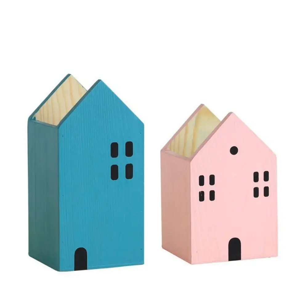 Cartoon House Wooden Pen Holder Minimalist Handcraft Makeup Brush Storage Organizer Gift Pencil Container Home Office