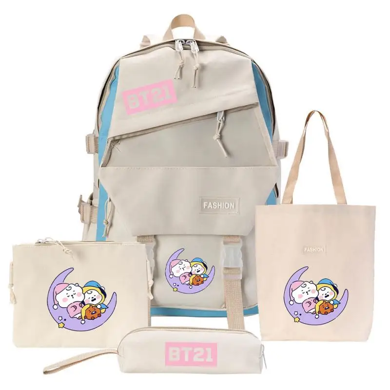 4Pcs Anime Bt21 Bt21 School Bag Backpack Crossbody Bag Four-Piece Set Creative New Student Handbag Pencil Case Gift for Kids