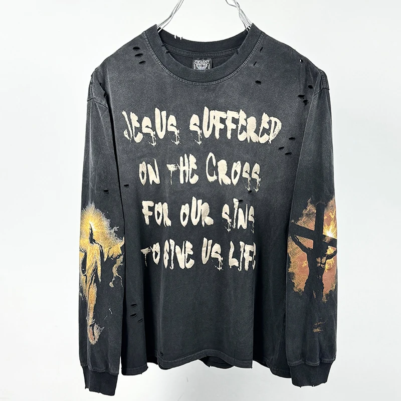 كامل رسائل الرسومات طباعة يسوع على الصليب بأكمام طويلة تي شيرت الرجال النساء المتضخم خمر غسلها الأسود التالفة حفرة سانت الأعلى