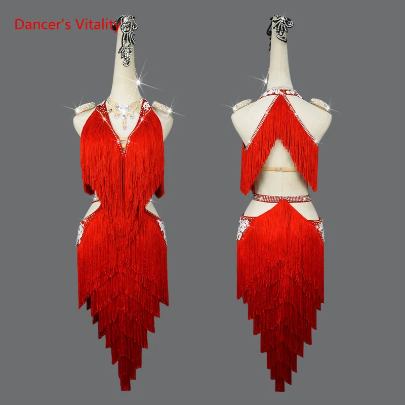 

Latin Dance Competition Costume Dress Senior Stones Tassel Latin Dance Professional Skirt Cusomized Chacha Rumba Dance Outfit