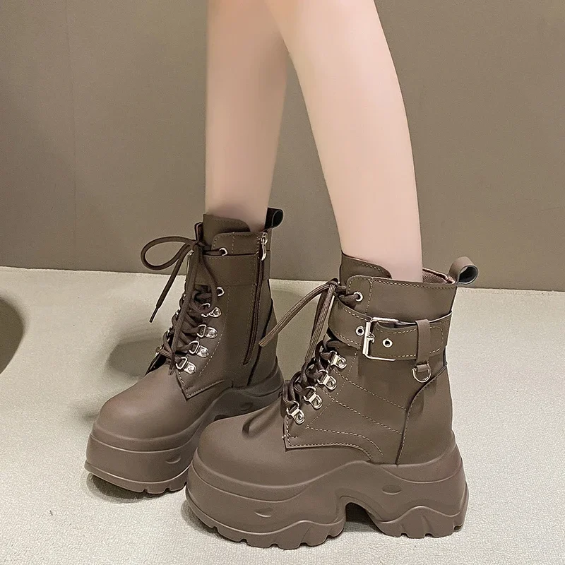 Women High Heels 9CM Thick Heel Ankle Boots Leather Chunky Shoes Autumn Winter Woman Punk Boots Platform Sneaker Botas Designer