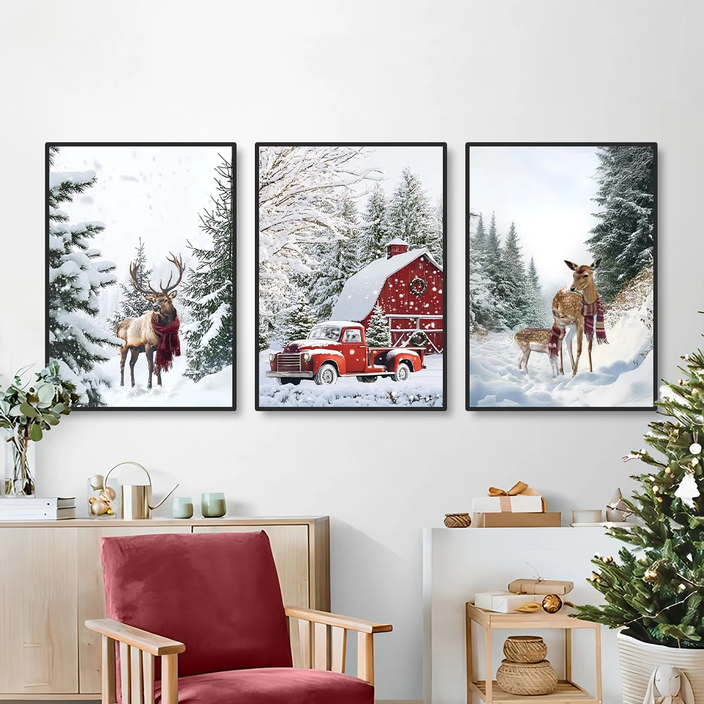 Set of 3 Christmas tree and elk canvas posters, winter snow scene wall decor, Merry Christmas canvas home wall decor