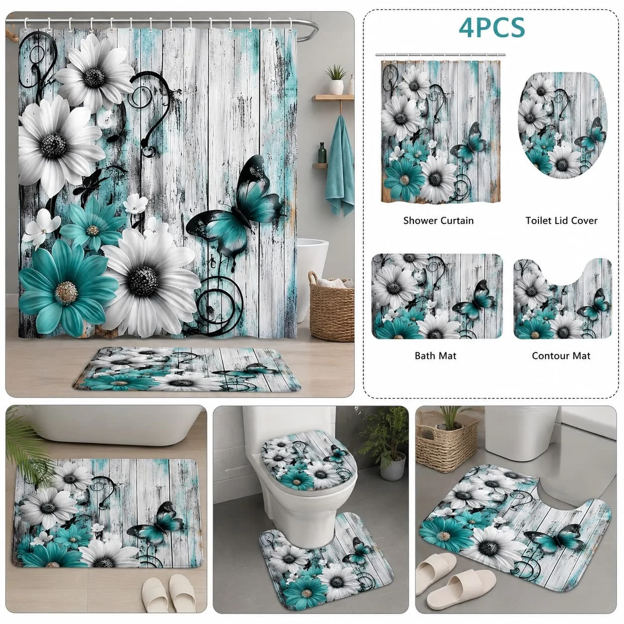 2D Flat, 2D FLAT Printing 4pc Set, Fashionable and Simple Teal and White Floral Butterfly Bathroom Set - Shower Curtain Non-Slip Rugs, Toilet Lid Cover, Exquisite and Practical Home Decoration Gifts., 2D Flat