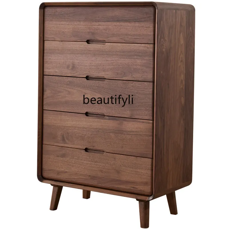 

Nordic Chest of Drawers Black Walnut Living Room Four-Bucket Cabinet Solid Wood Chest of Drawers Storage Cabinet