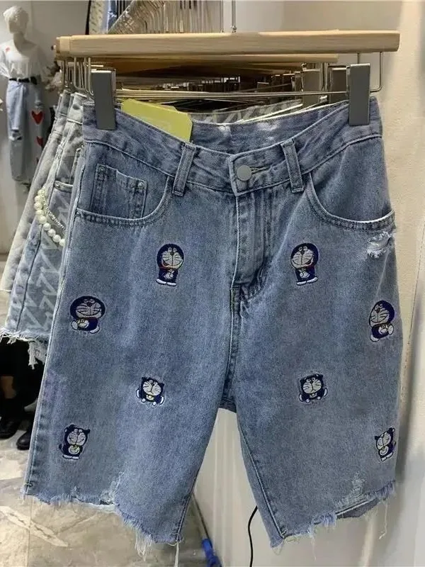 

Женские джинсы больших размеров с высокой талией, прямые широкие брюки, брюки пять четвертей, свободный крой с вышивкой, летние повседневные корейские брюки