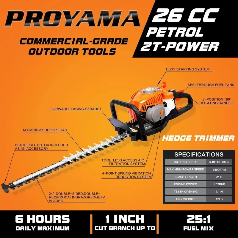 24-Inch 26cc 2 Cycle Gas Powered Dual Sided Hedge Trimmer with Rotating Handle Less Weight Less Fatigue Suitable