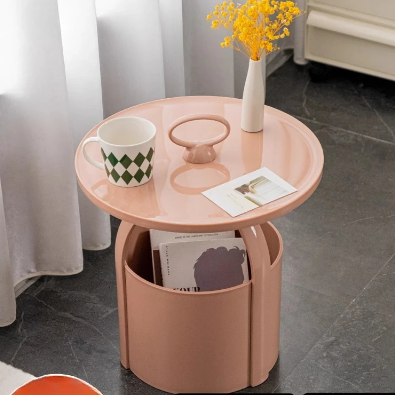 

Scandinavian Portable Liftable Coffee Table, Cream Aesthetic Round Corner Side， Modern Living Room Storage Shelf with Wheels