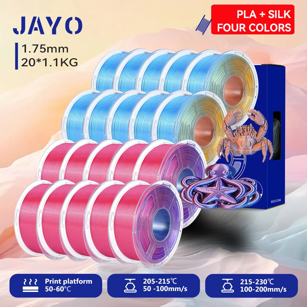 JAYO 20 Rollen 3D Zijde PLA Filament Vierkleurig PLA Plus 3D Printer Filament 1.75mm Glanzende Zijdetextuur 4-in-1 Kleurenfilament