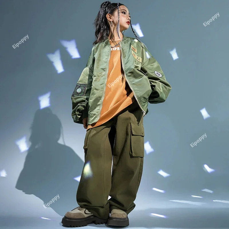 

Boys Hip Hop Flight Coat Loose Cargo Pants Girls Sport Bomber Jacket Child Street Dance Jazz Clothes Sets Kids Stage Streetwear