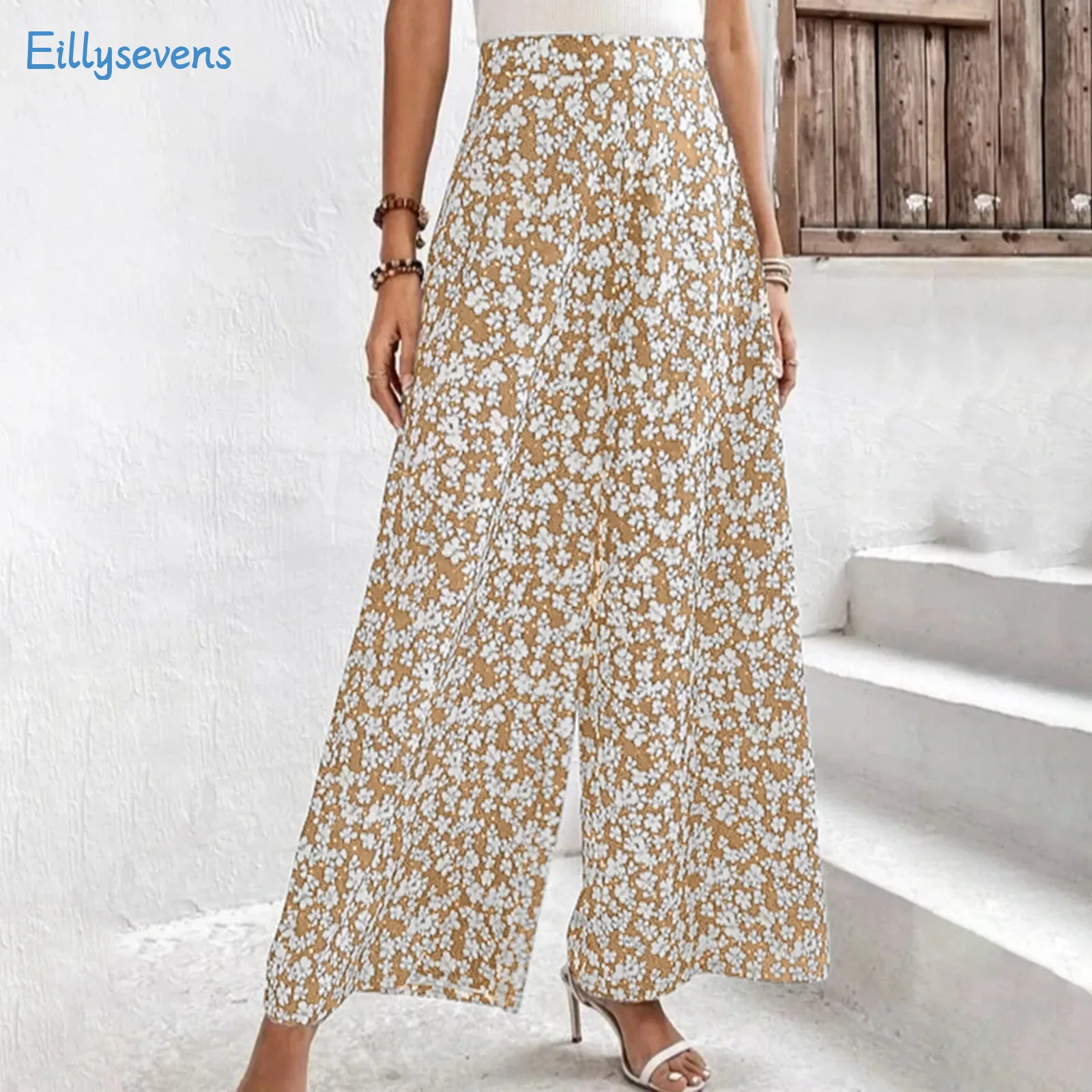 Women Summer Wide Leg Cropped Pants Fashion Small Floral Loose Casual High Waist Pants Daily Basic All-Match Comfy Flowy Pant