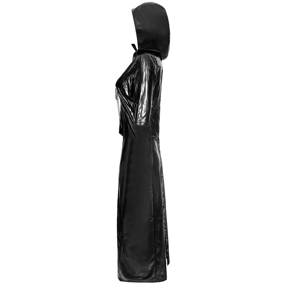 

Women Faux Leather Jumpsuit Black Wet Look Sexy Patent Leather Hooded Long Coat Bodysuit Nightclub Singer DS Costume