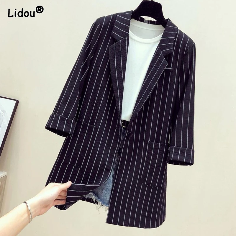 Women\'s Clothing Office Lady Loose Notched Pockets Striped Casual Formal Blazers Thin Three Quarter Sleeve Button Summer Tops