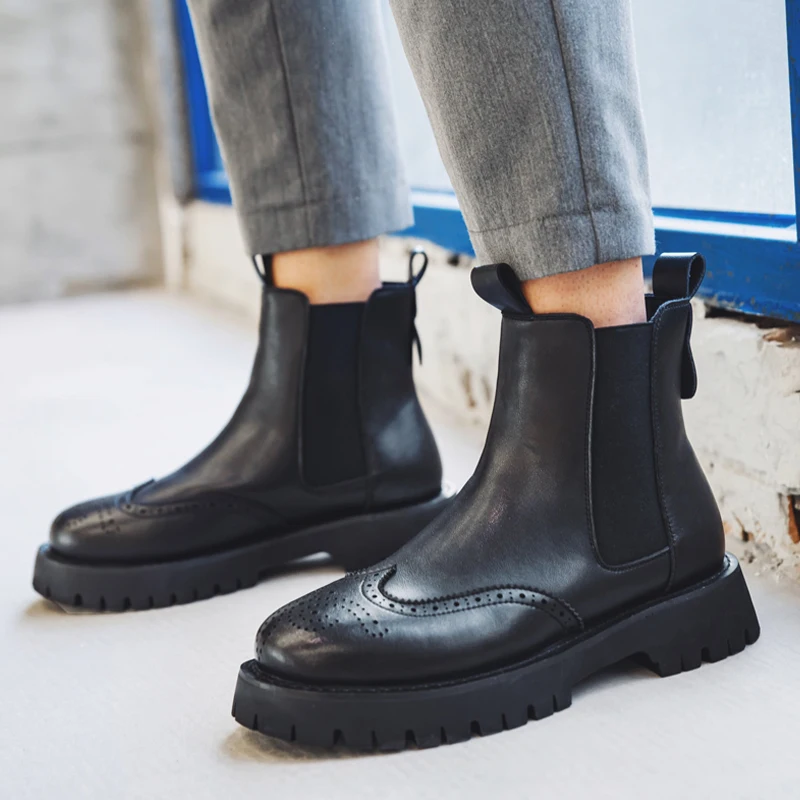 

mens fashion stage nightclub high chelsea boots slip-on carved brogue shoes cowboy genuine leather boot platform ankle botas man